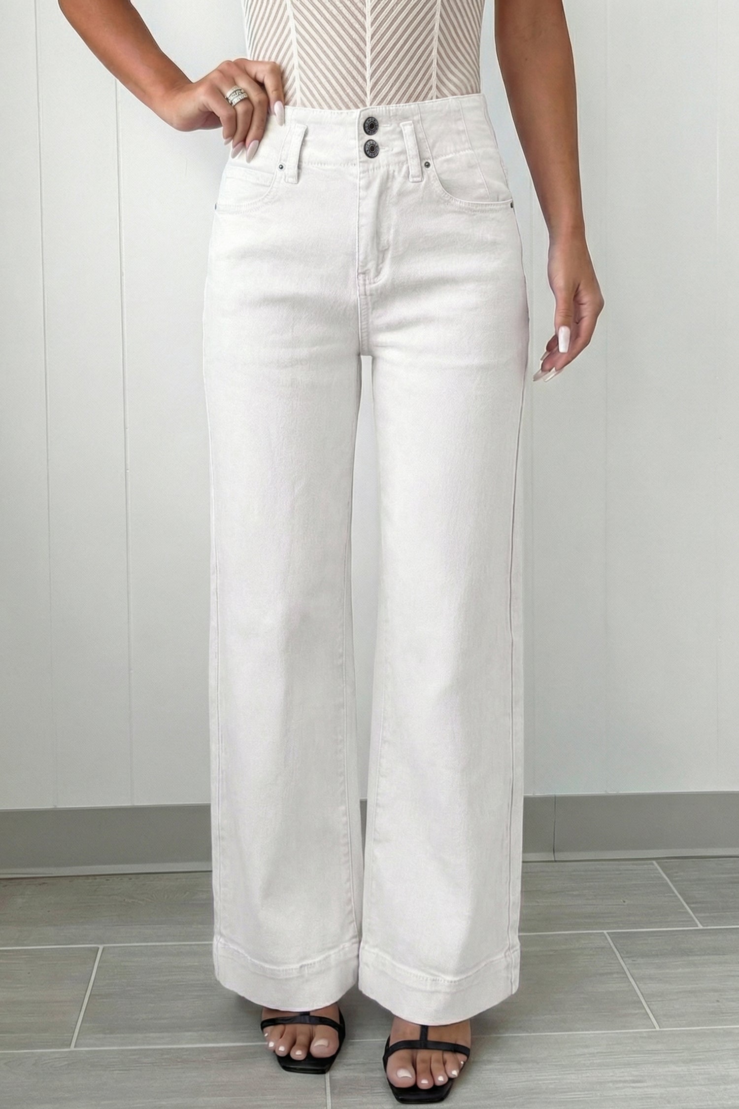 Mist Green 2-Button High Waist Wide Leg Jeans