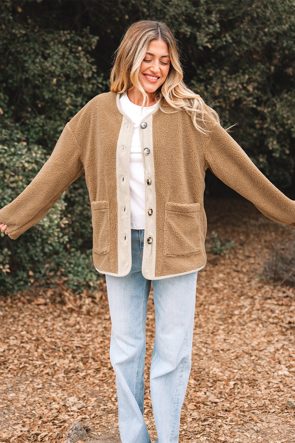 Light French Beige Puffy Plush Corduroy Edge Patchwork Jacket with Big Pockets