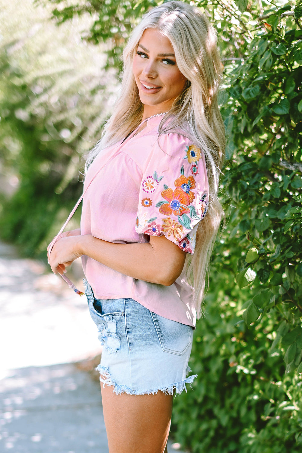 Clearly Aqua Floral Embroidered Puff Sleeve Split Neck Blouse