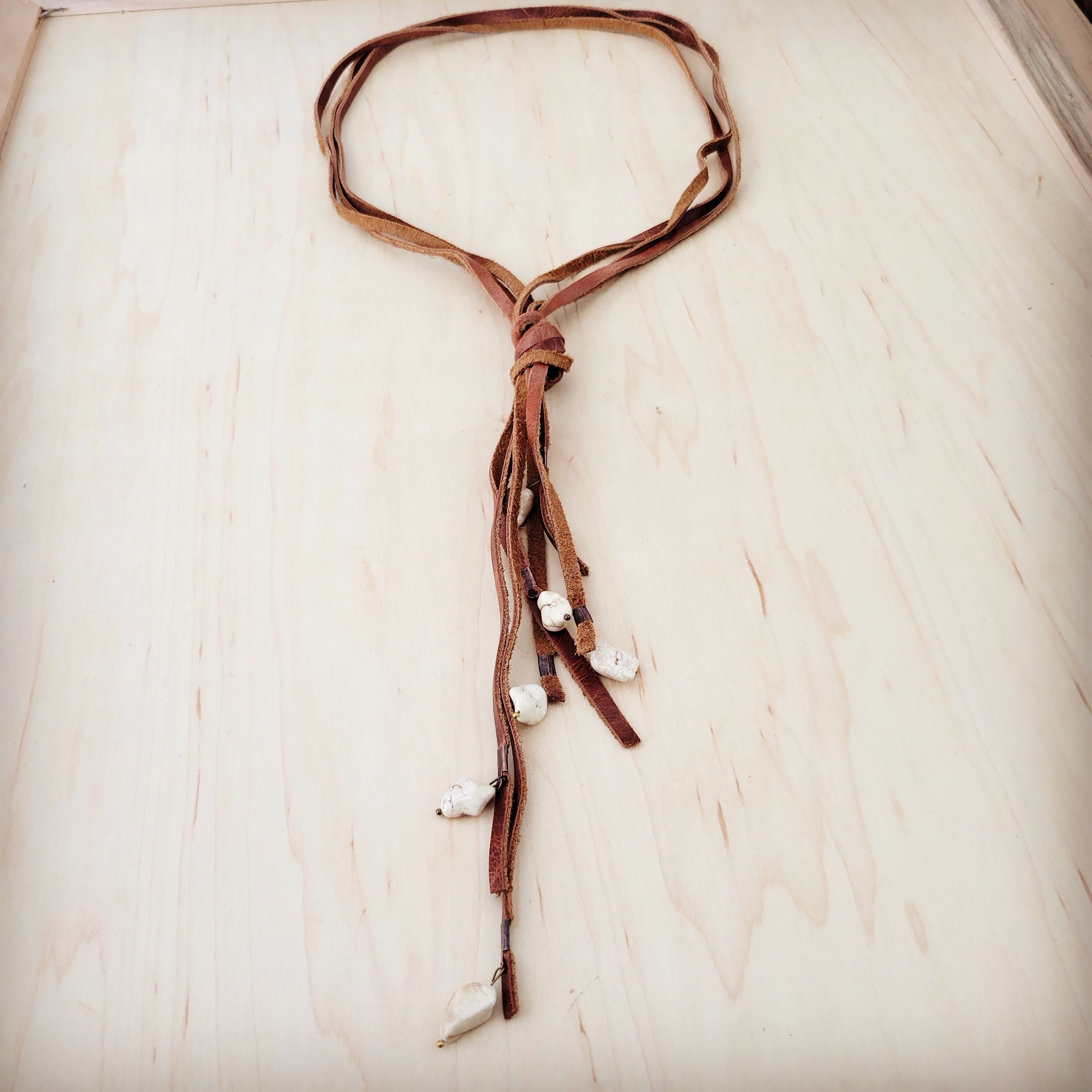 Rustic Knotted Leather Cord Necklace with White Turquoise 263L