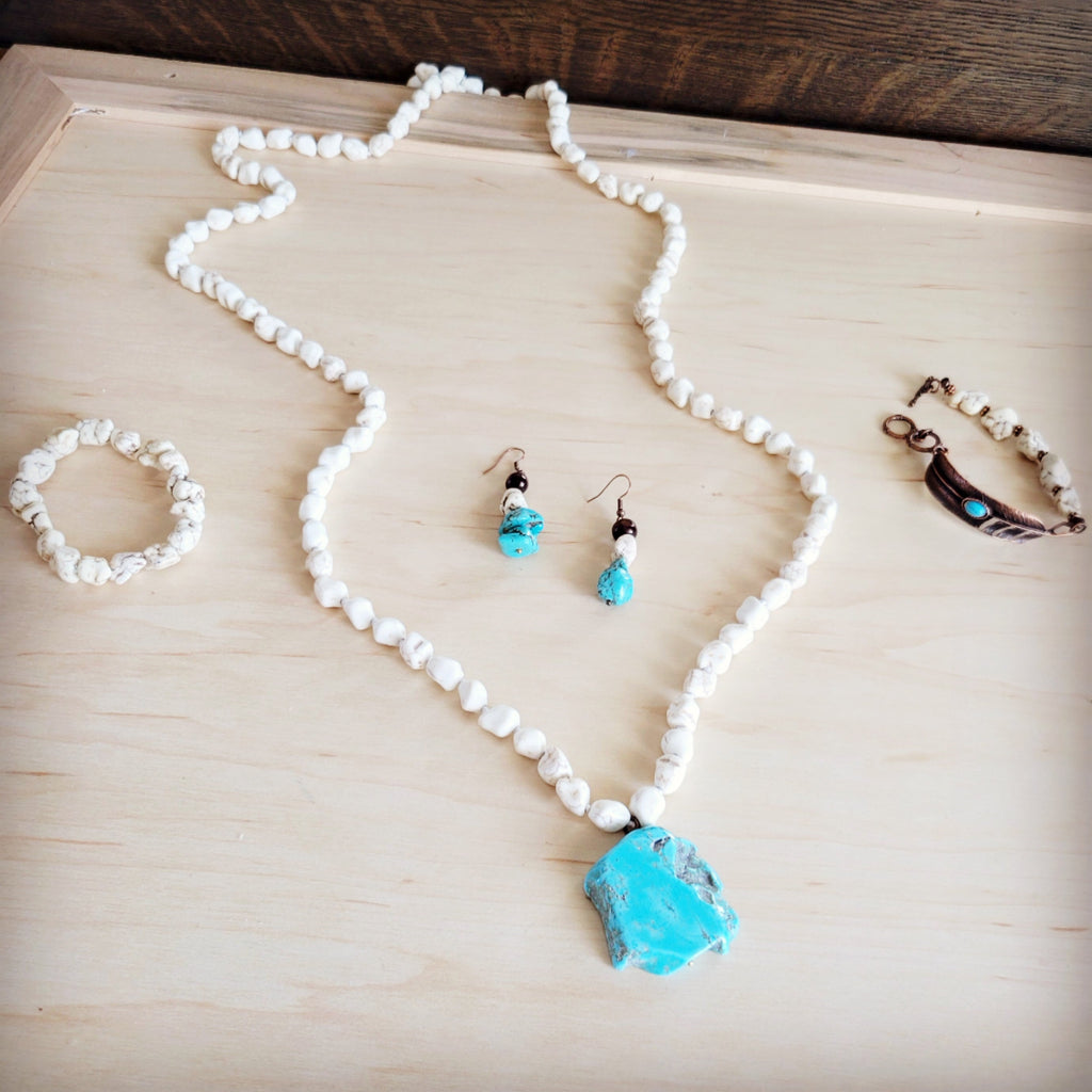 **White and Blue Turquoise w/ Wood Drop Earrings 200be