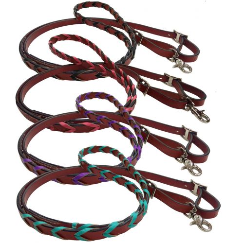 19622 - 8ft leather braided rein with colored lacing. (PINK)