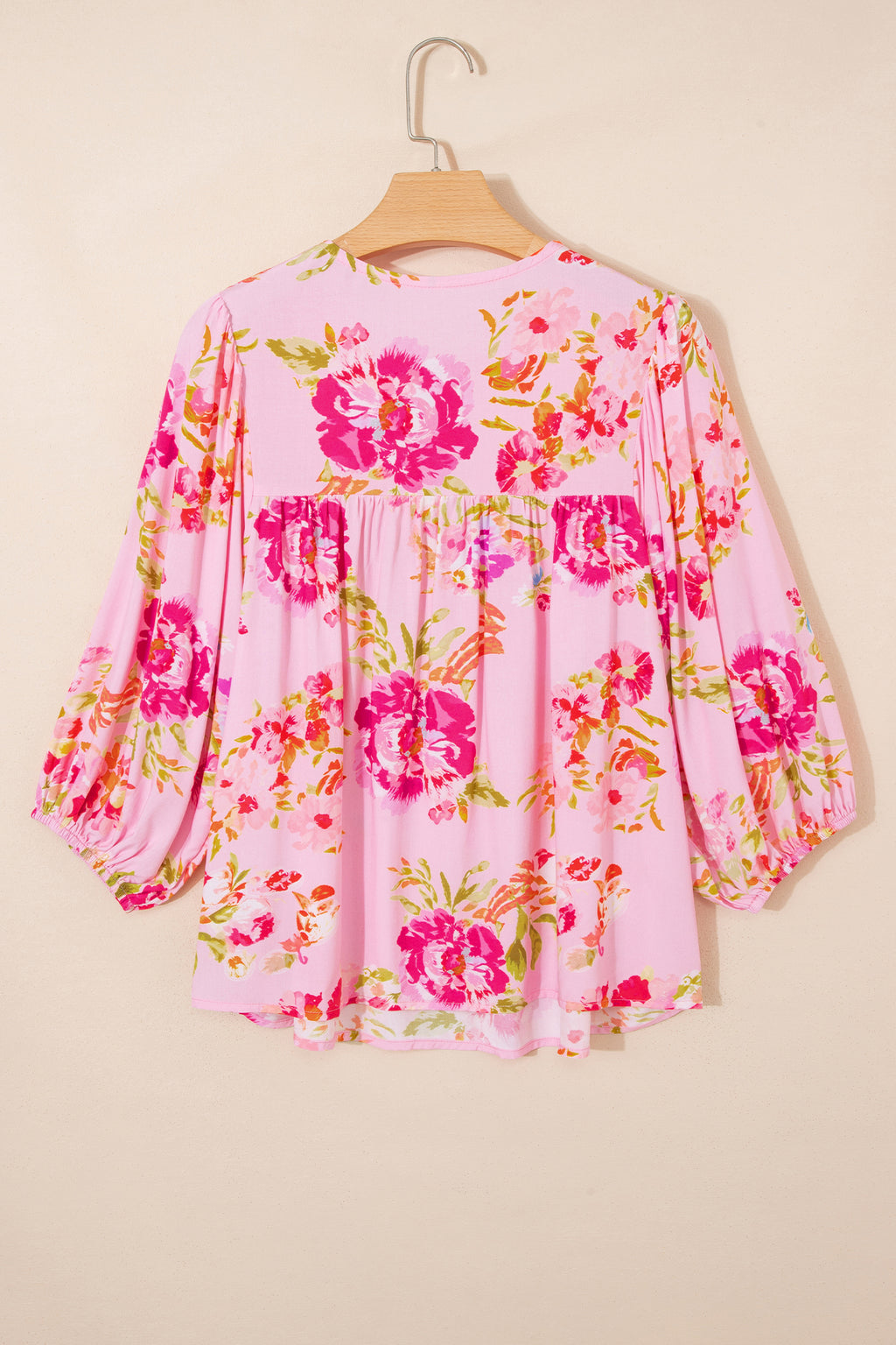 Pink Floral Print Tie Neck Puffy Half Sleeve Blouse