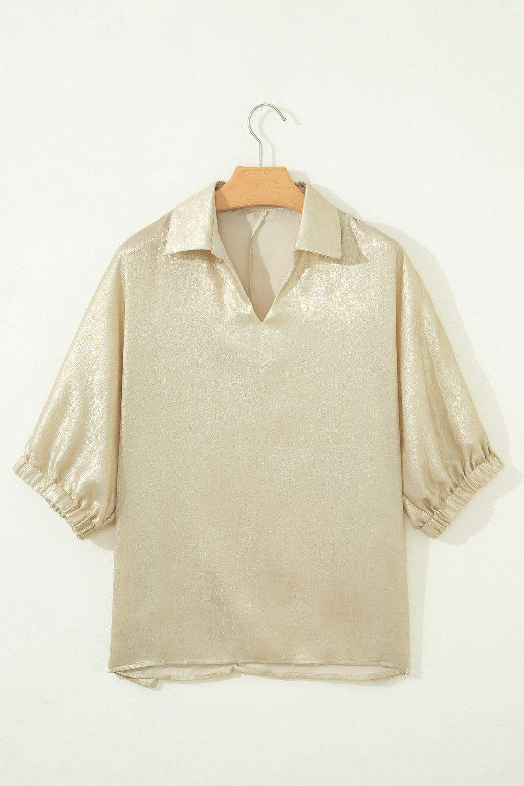 Myosotis Collared V Neck Half Sleeve Metallic Top
