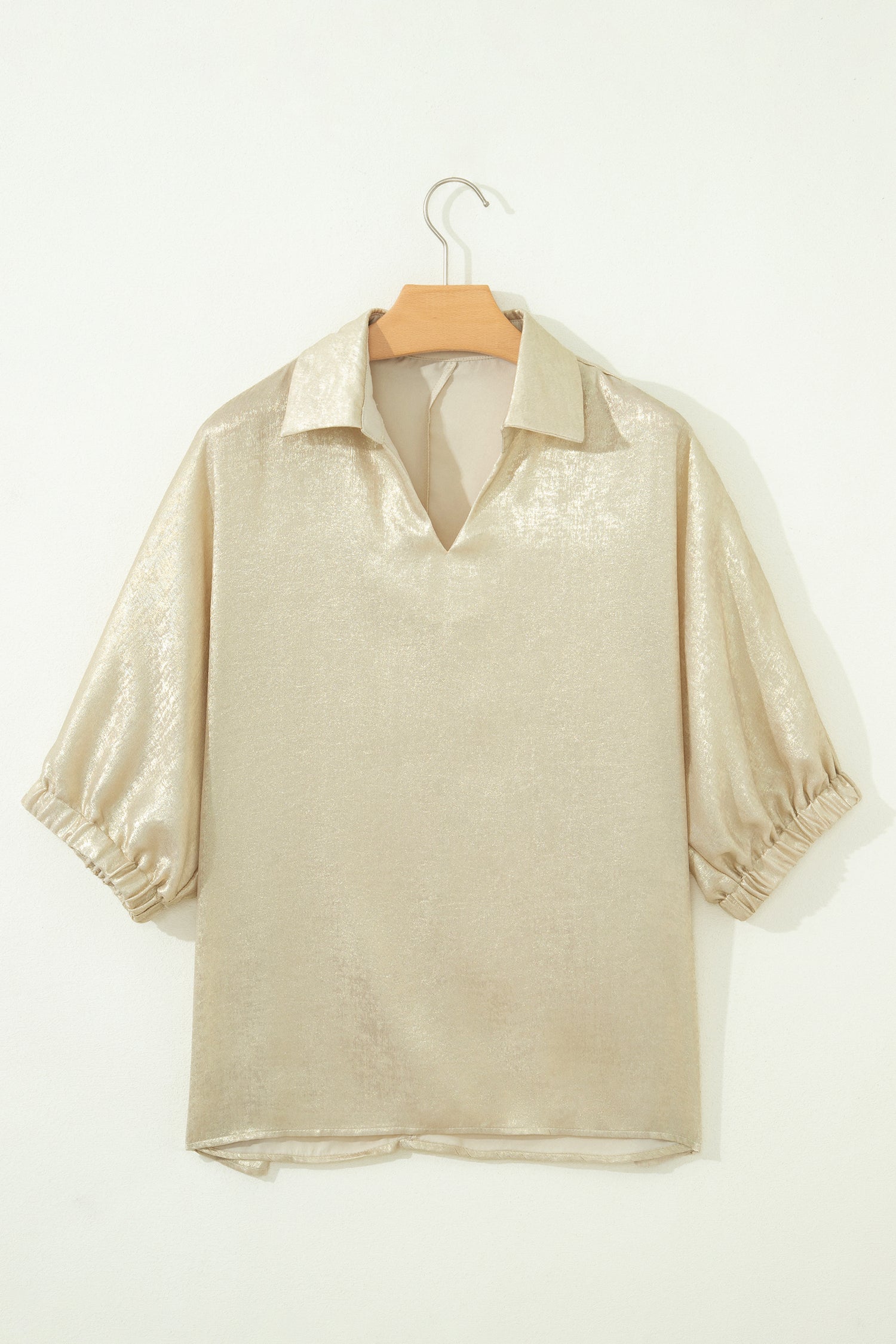 Myosotis Collared V Neck Half Sleeve Metallic Top