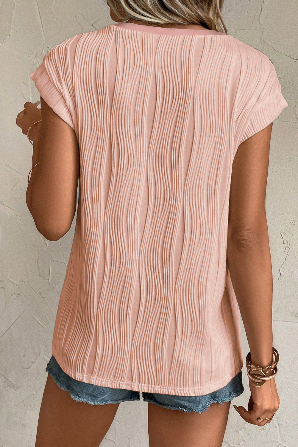 Black Wavy Textured Button V Neck Tee