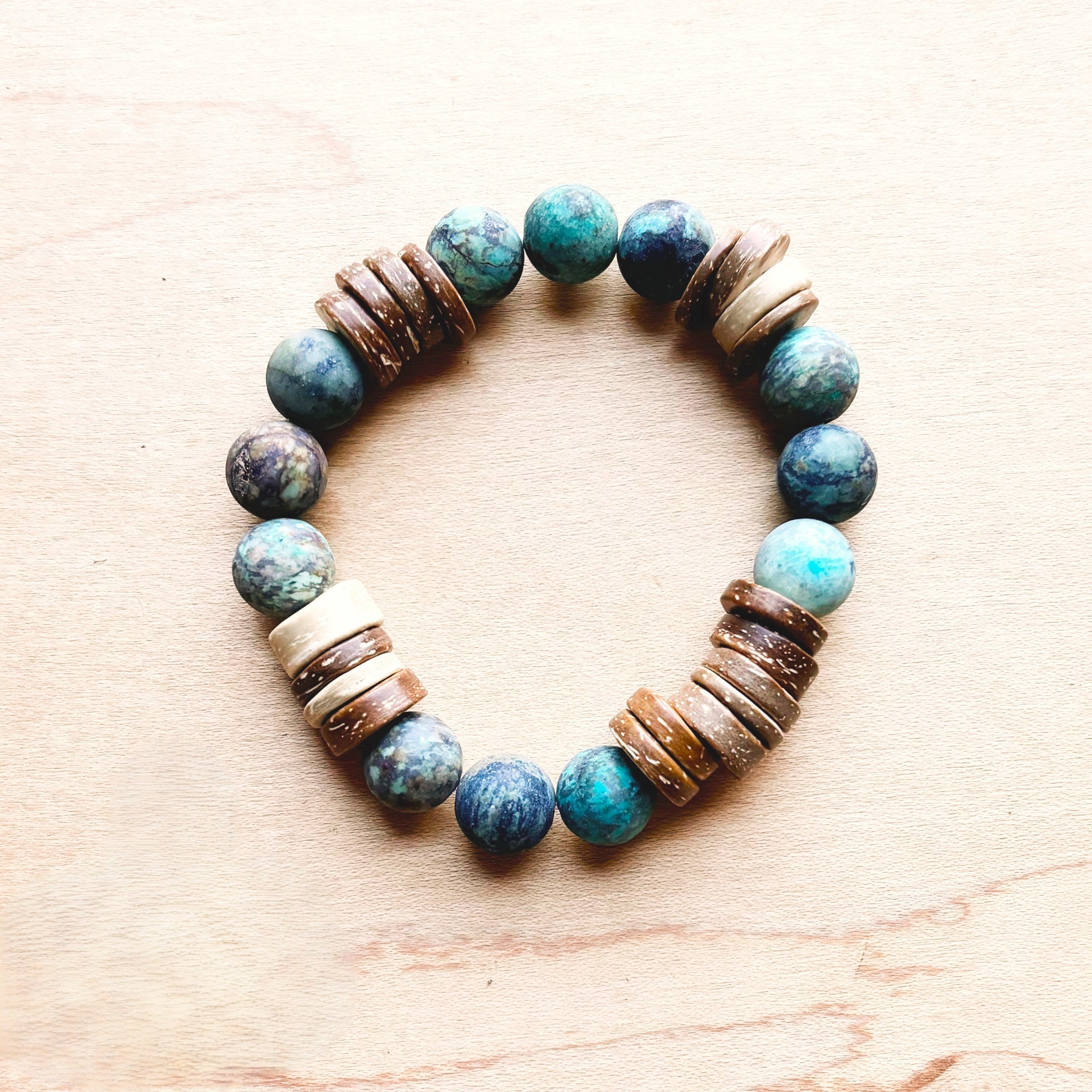 Frosted African Turquoise and Wood Stretch Bracelet (808x)
