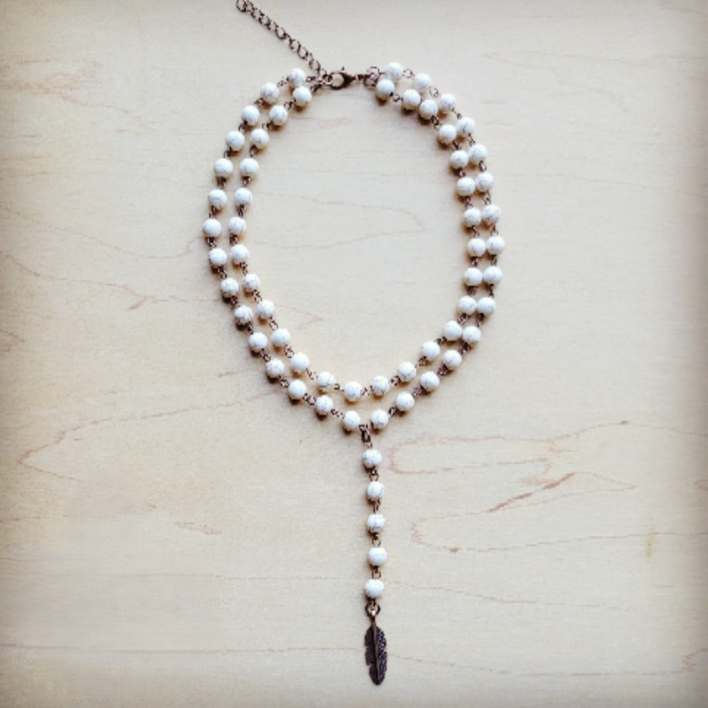 Double Strand Lariat White Turquoise Necklace w/ Copper Feather 259q