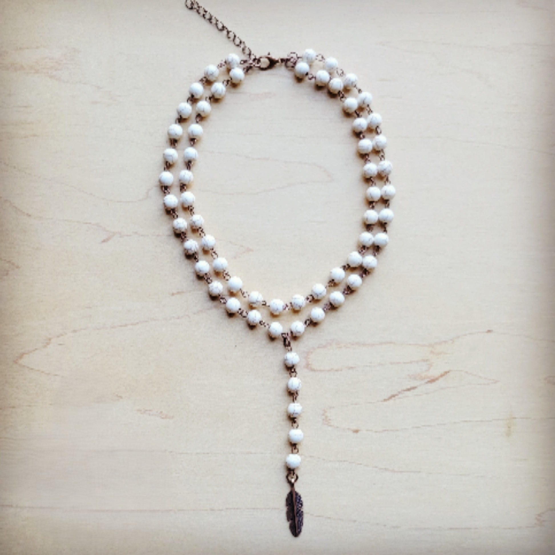 Double Strand Lariat White Turquoise Necklace w/ Copper Feather 259q