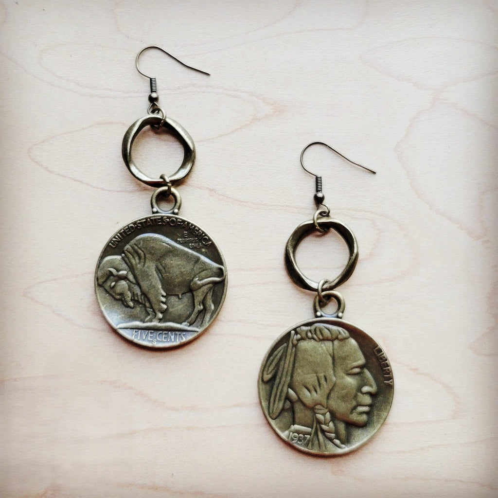 Antique Gold Indian Buffalo Head Earrings 221f