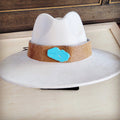 Wide Leather Hair Hide Tan Hat Band w/ Turq 954a