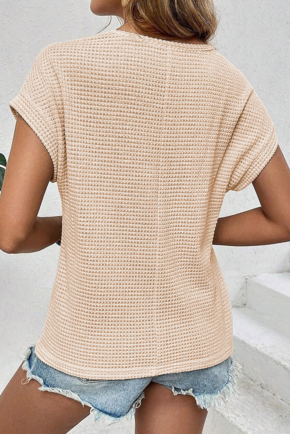 Mist Green Lace Patchwork Waffle Short Sleeve Top