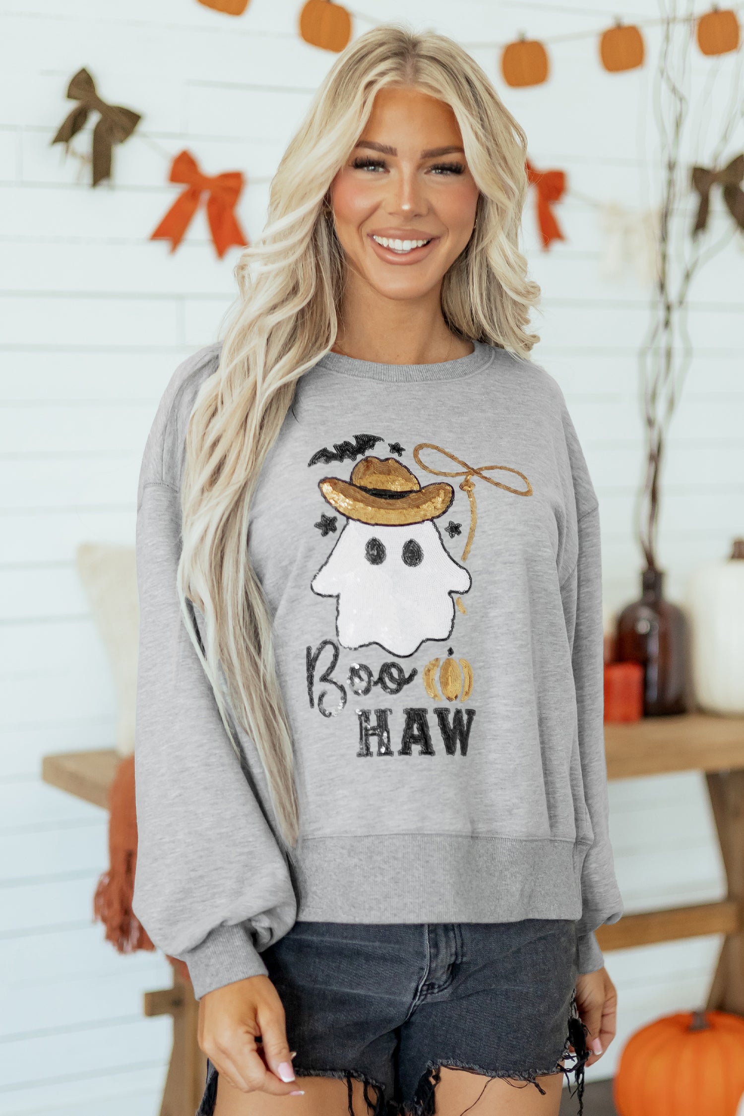 Medium Grey Sequin Western Ghost Print Long Sleeve Round Neck Sweatshirt