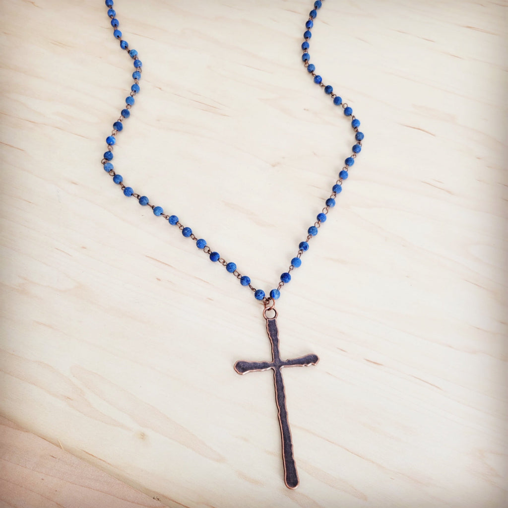 Genuine Blue Lapis Long Beaded Necklace with Antique Copper Cross 263a