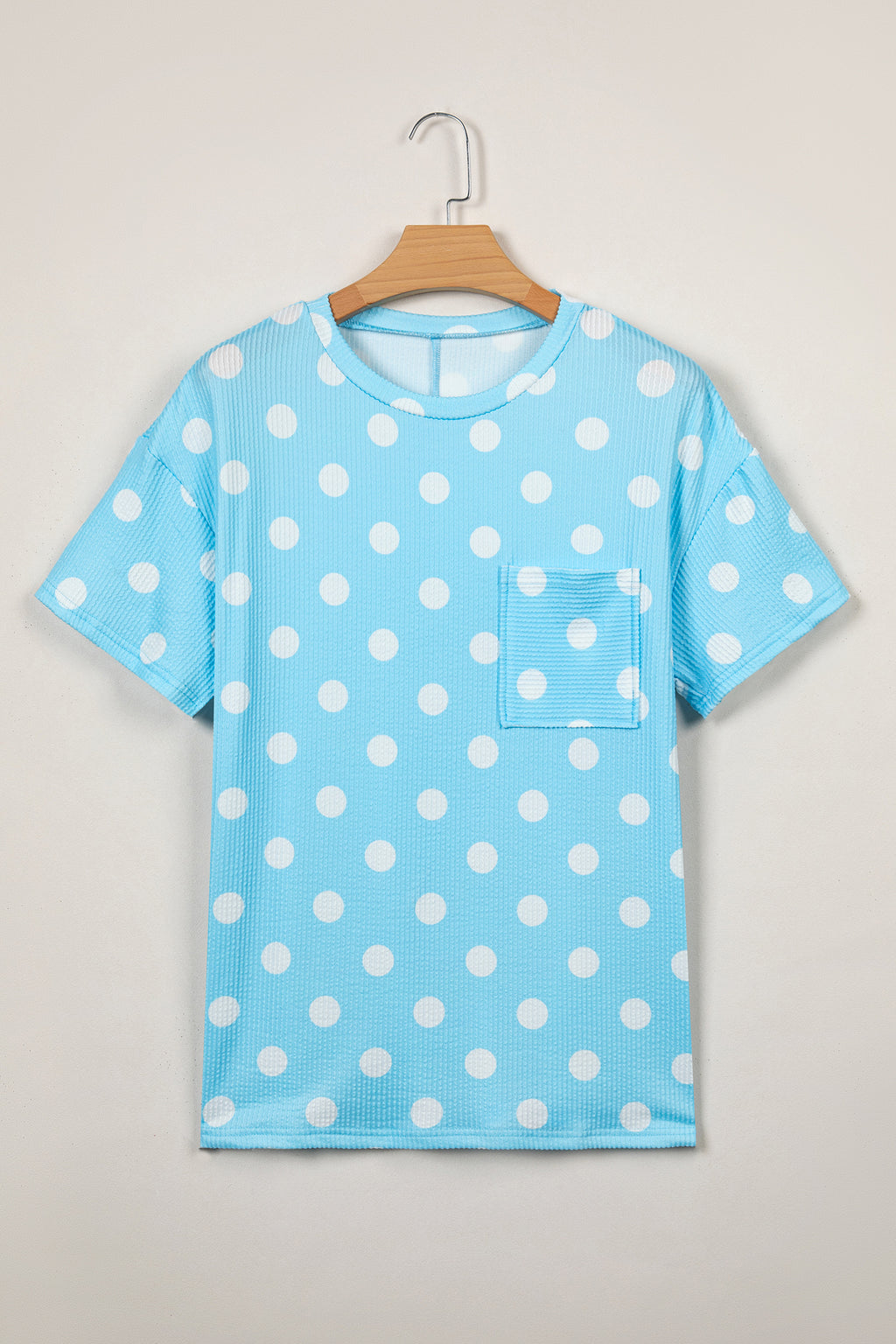 Sky Blue Polka Dot Patch Pocket Twisted Ribbed Top
