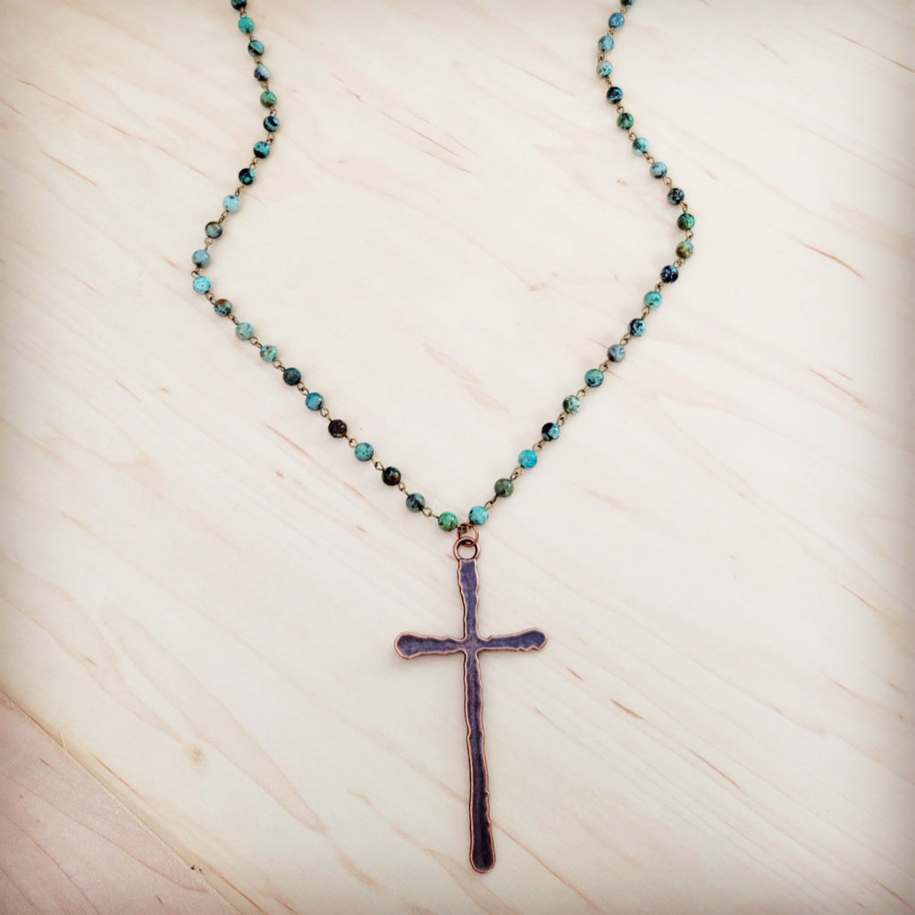 Genuine African Turquoise Long Beaded Necklace with Antique Copper Cross 262y