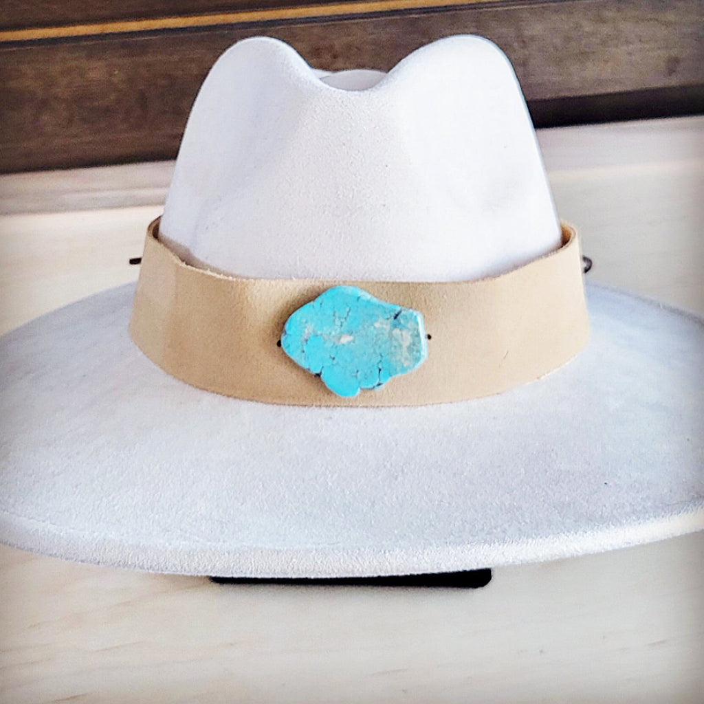 Wide Genuine Leather Bone Suede Hat Band w/ Turq 953v