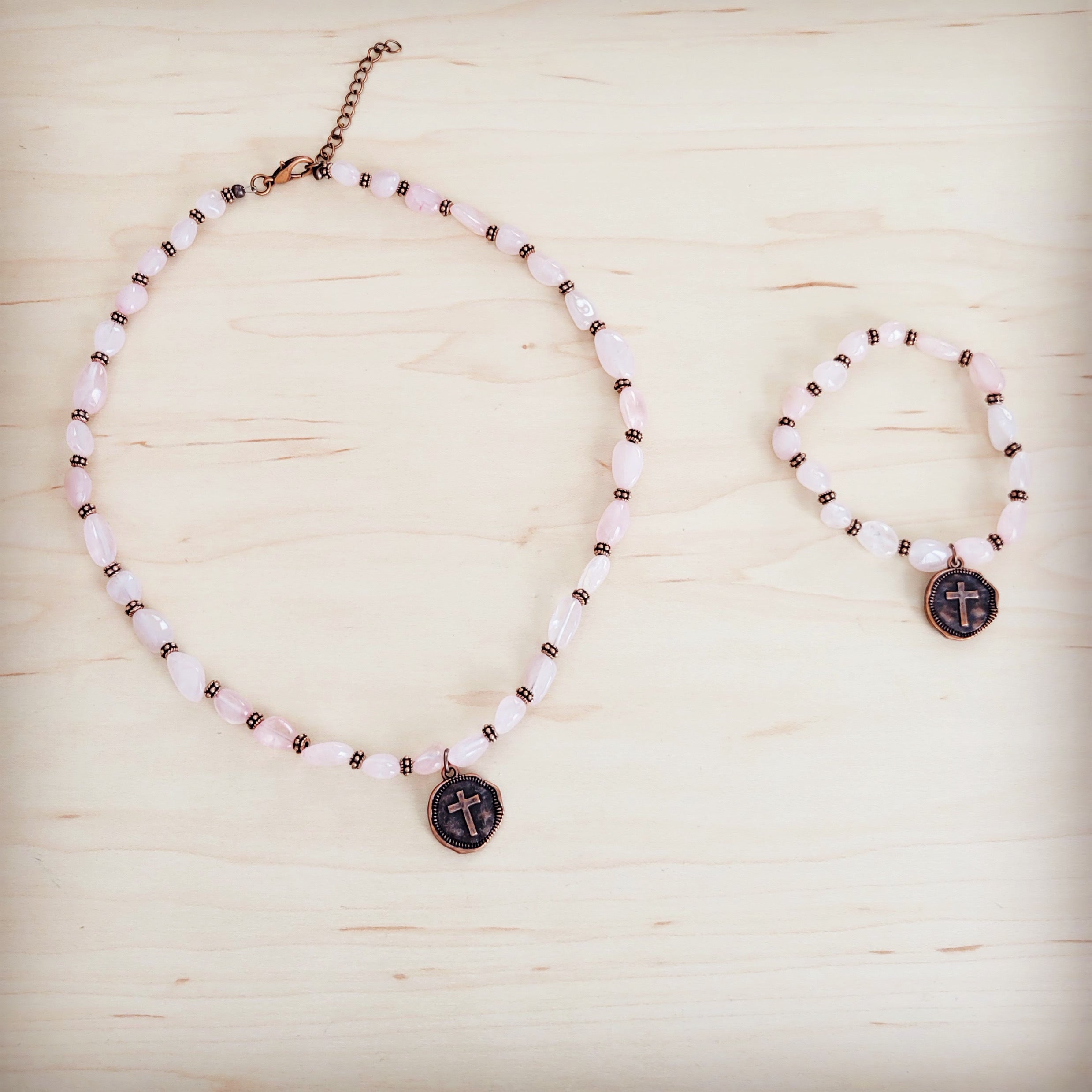 **Rose Quartz Beaded Stretch Bracelet w/ Copper Cross Charm 811v