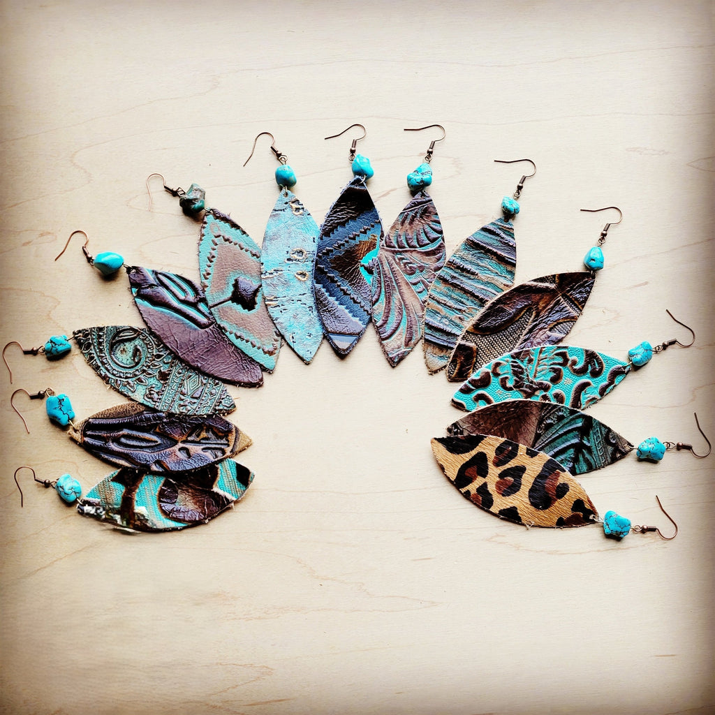 **Leather Oval Earrings in Brown Floral w/ Turquoise Accent 206r