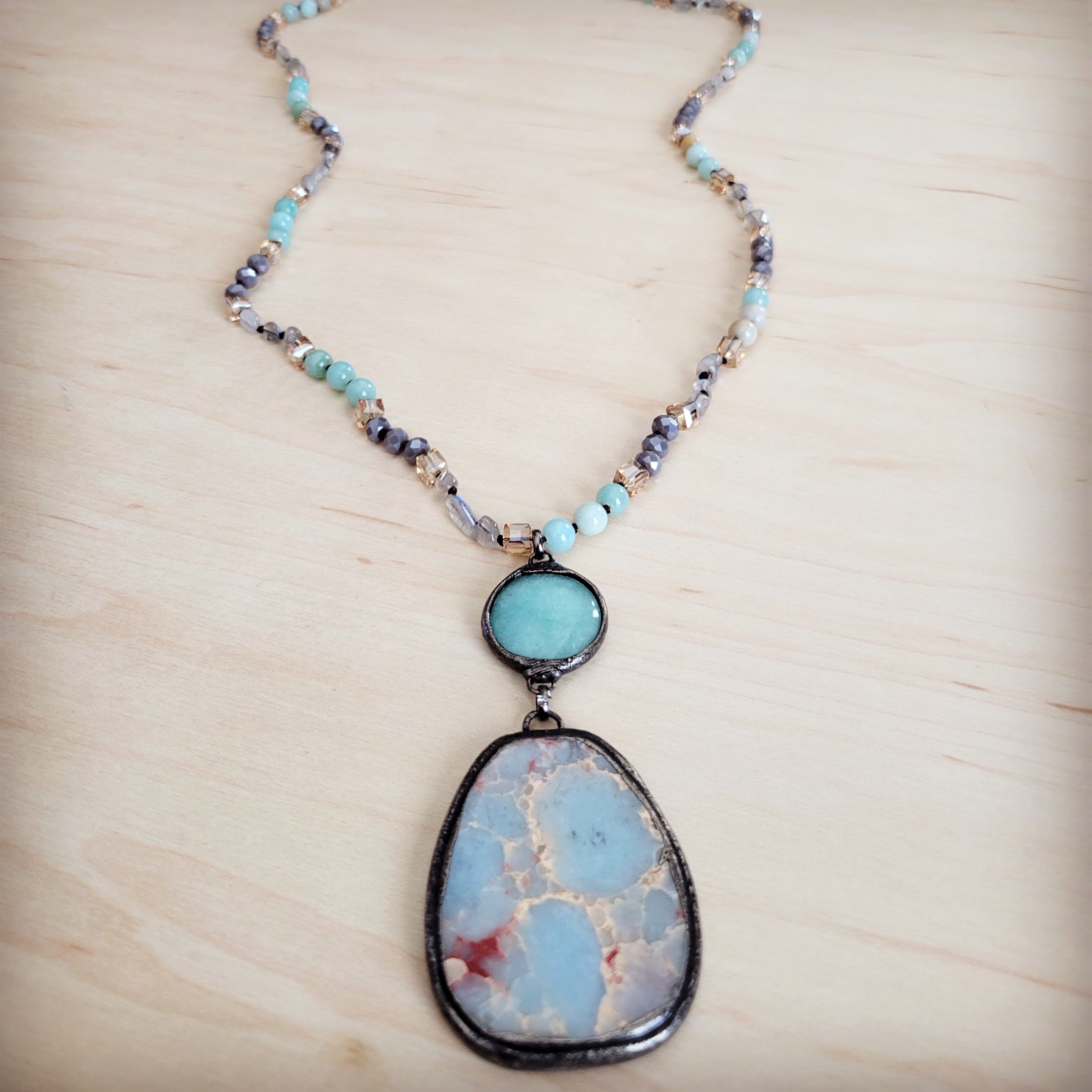 Amazonite & Crystal Long Beaded Necklace w/ Large Jasper Pendant 262q