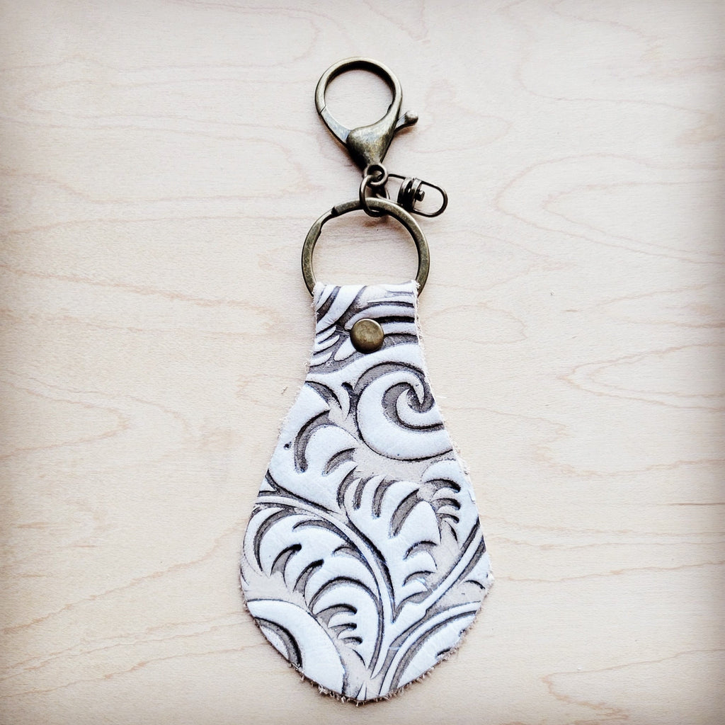 **Embossed Leather Key Chain Sandy White Floral 703n