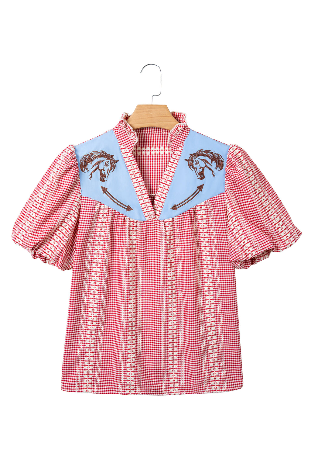 Brown Western Pony Embroidered Yoke Puff Sleeve Gingham Blouse