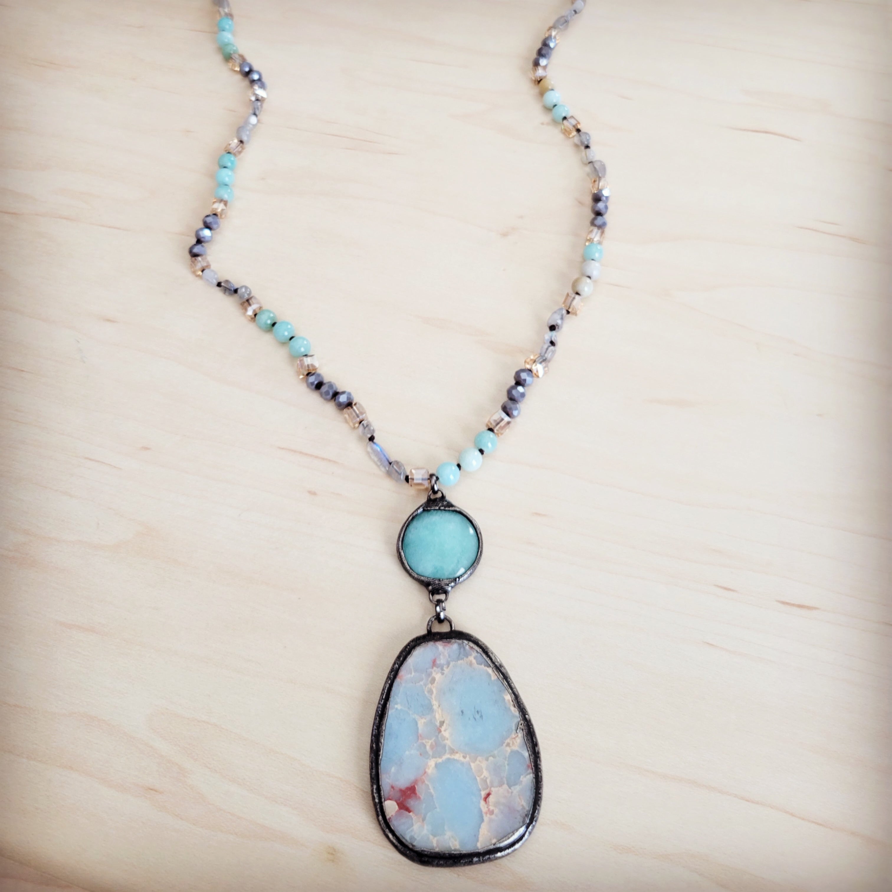 Amazonite & Crystal Long Beaded Necklace w/ Large Jasper Pendant 262q