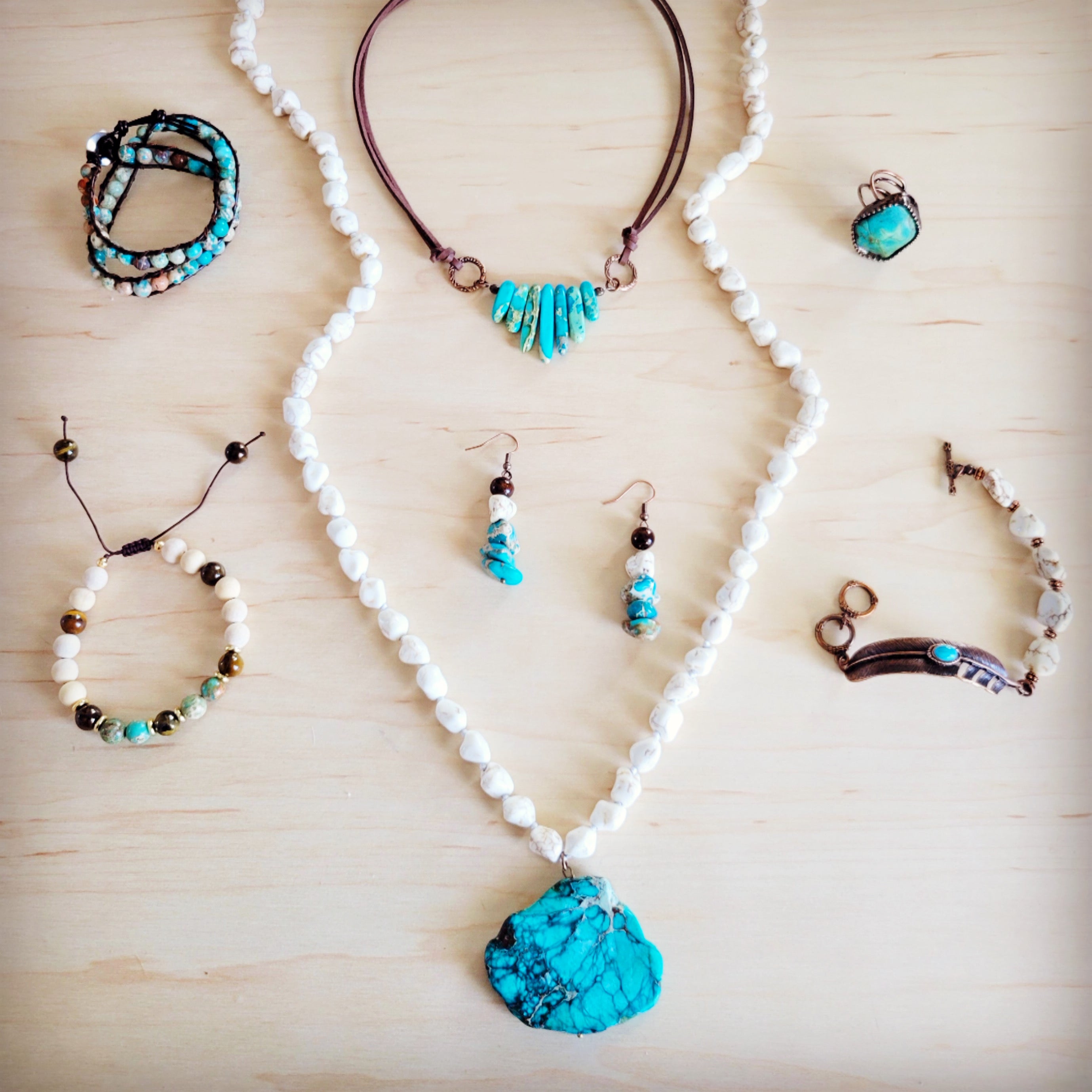 Long White Turquoise Beaded Necklace w/ Genuine Regalite Pendant 263c