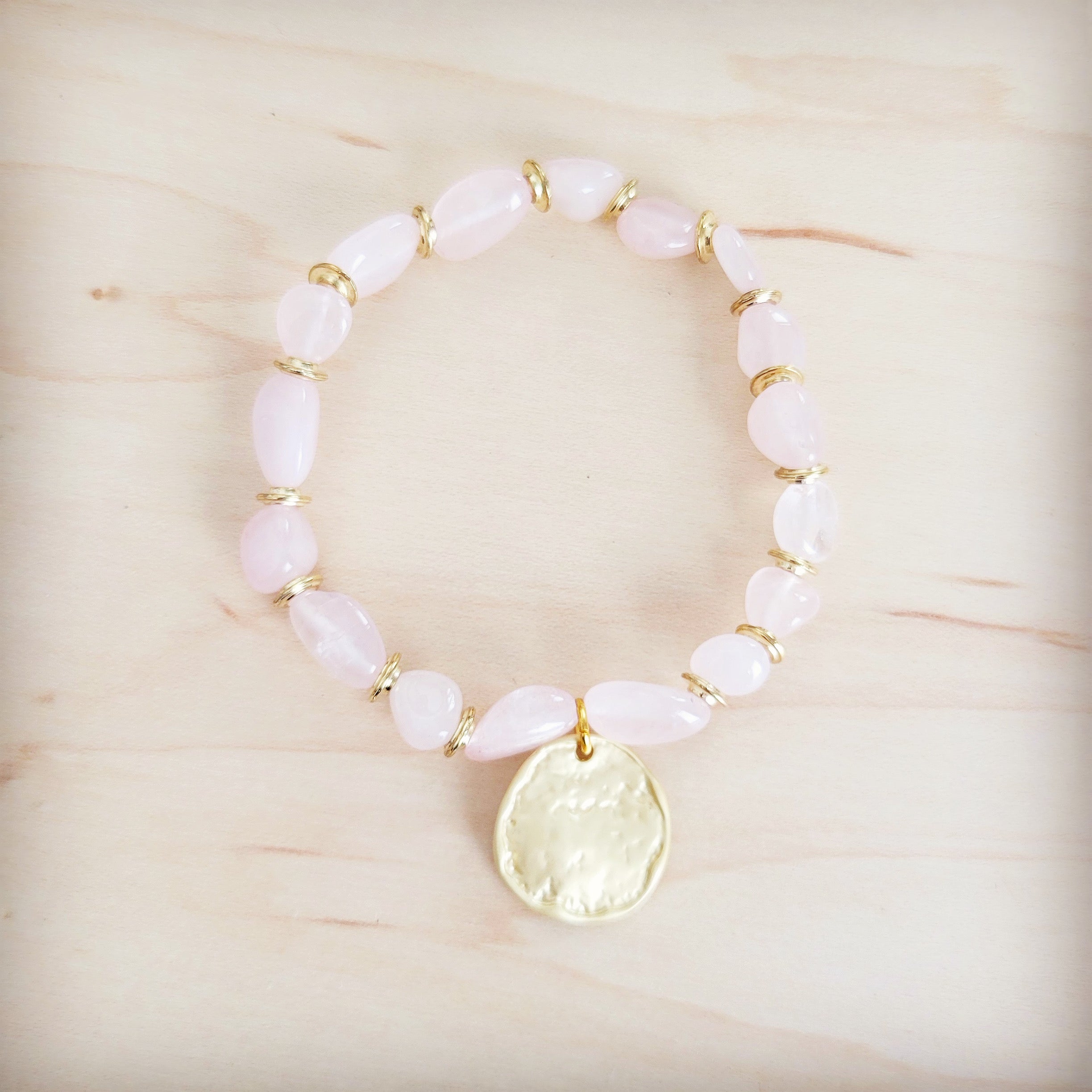 **Rose Quartz Beaded Stretch Bracelet w/ Gold Coin Charm 811u