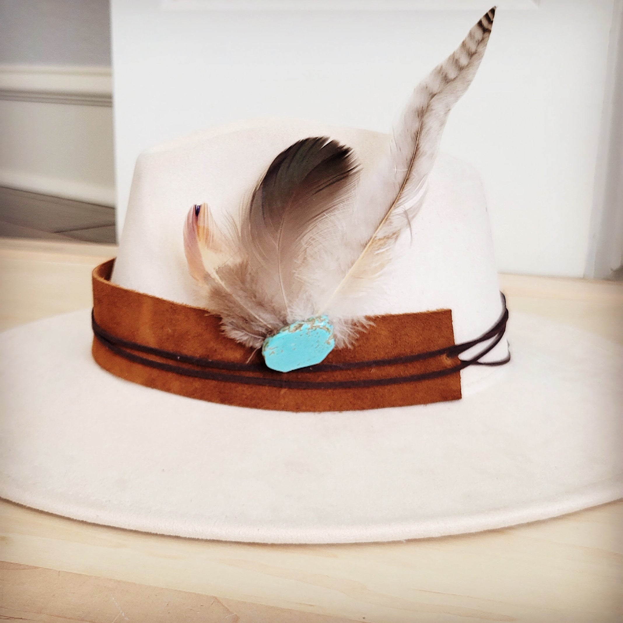 Clip-On Feather Hat Band-Blue Turq w/ Brown Feather 954r