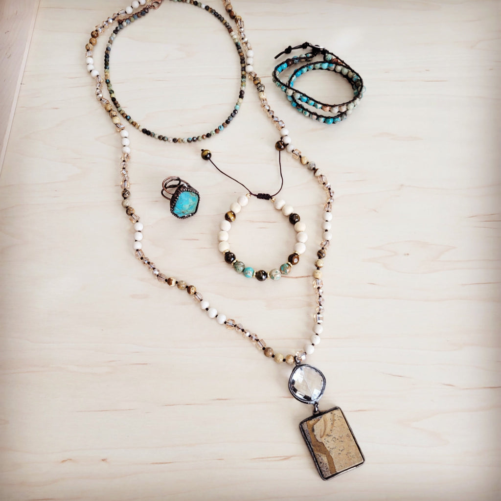 Picture Jasper & Crystal Long Beaded Necklace w/ Jasper Pendant 262t