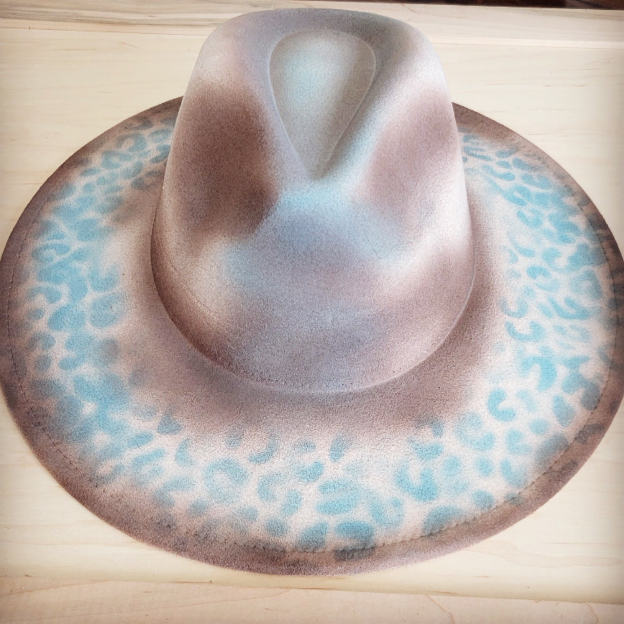 Hand-Painted Leopard Boho Western Cowgirl Hat Only-Brown/Turq 986r