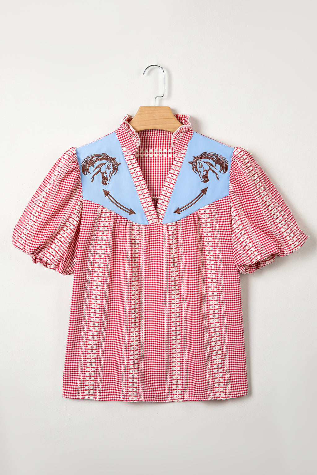 Brown Western Pony Embroidered Yoke Puff Sleeve Gingham Blouse