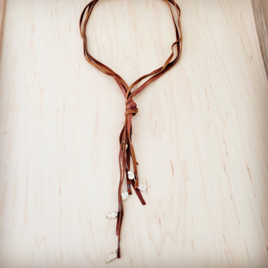 Rustic Knotted Leather Cord Necklace with White Turquoise 263L