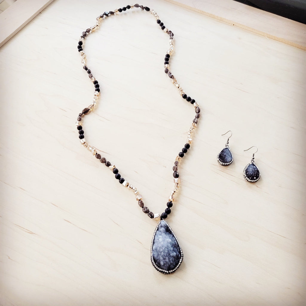 Black Lava Beaded Necklace w/ Druzy Pendant 257lb