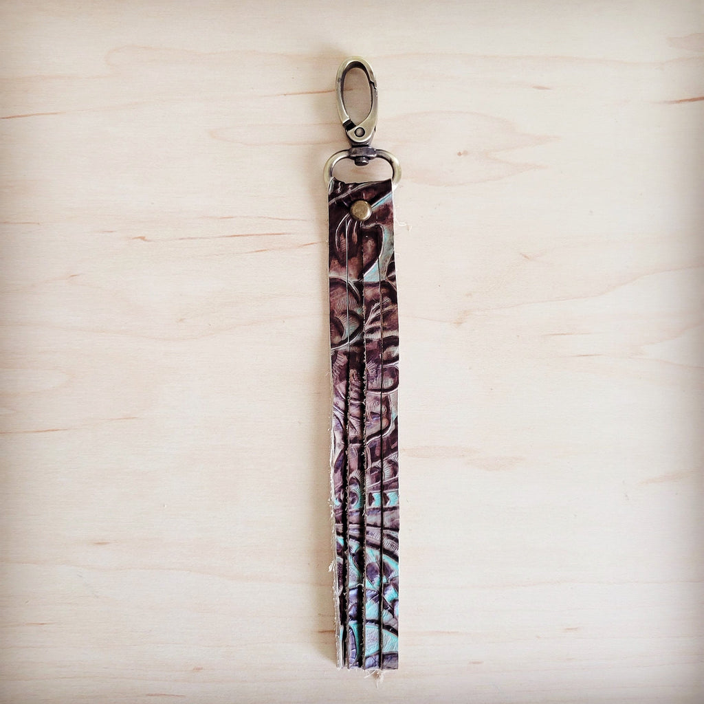 Brown Floral Genuine Leather Key Chain/ Purse Clip 703q