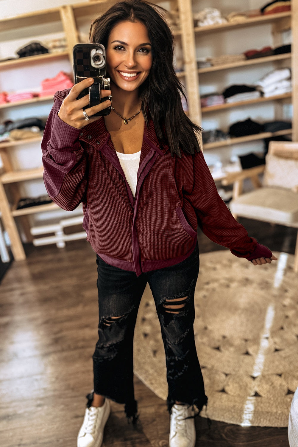 Gray Waffle Splicing Zip Up Front Button Hooded Jacket