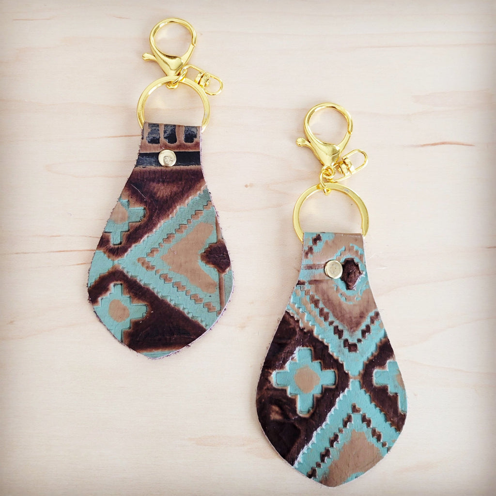 Embossed Leather Key Chain - Turquoise Navajo 700b