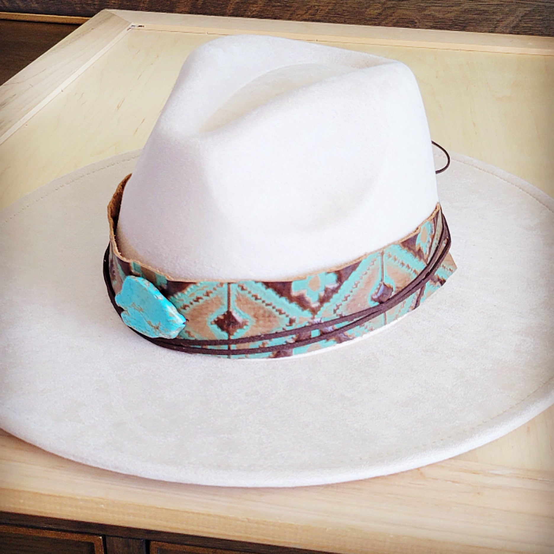 Wide Genuine Leather Turquoise Navajo Hat Band w/ Turq 953i