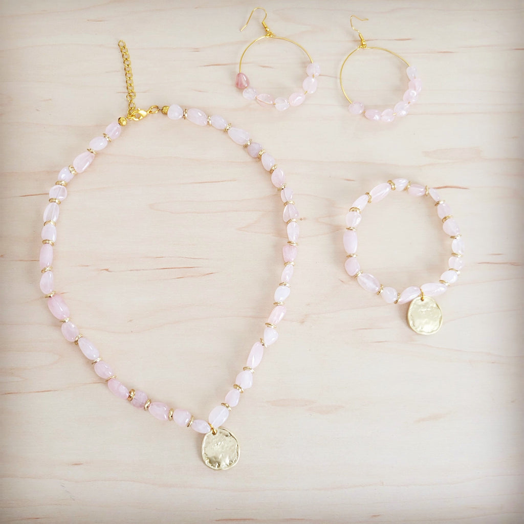 **Rose Quartz Beaded Stretch Bracelet w/ Gold Coin Charm 811u