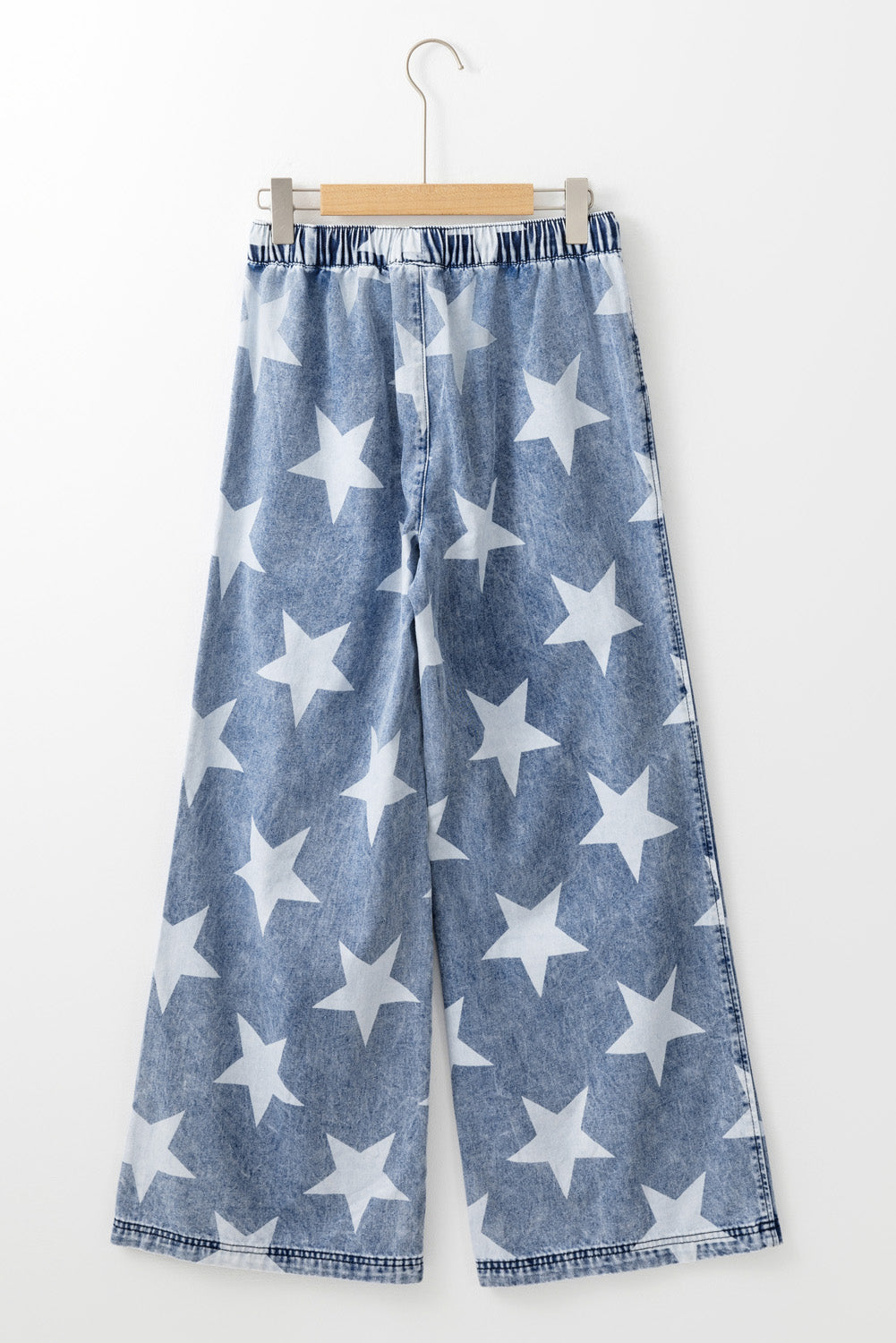 Light Blue Star Print Light Wash Drawstring Elastic Waistband Wide Leg Jeans