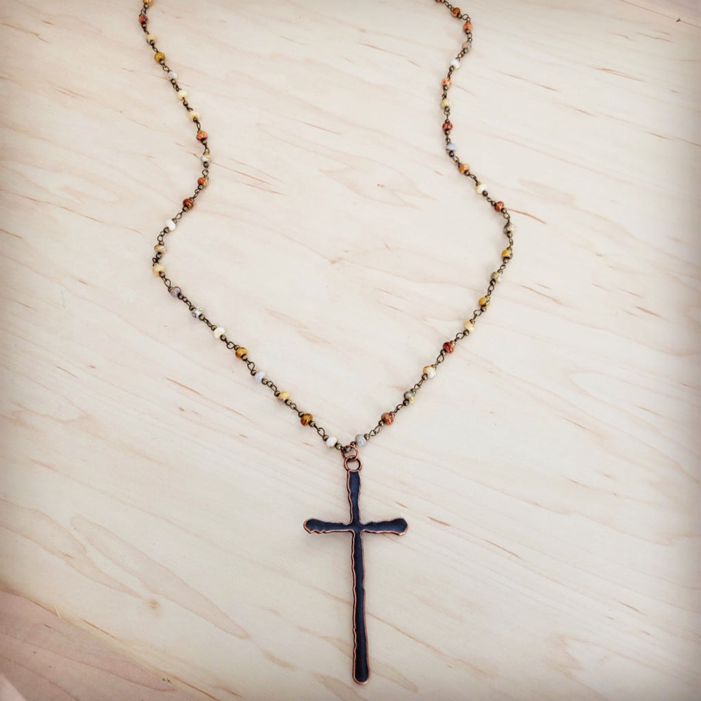 Genuine Natural Agate Long Beaded Necklace with Antique Copper Cross 262z