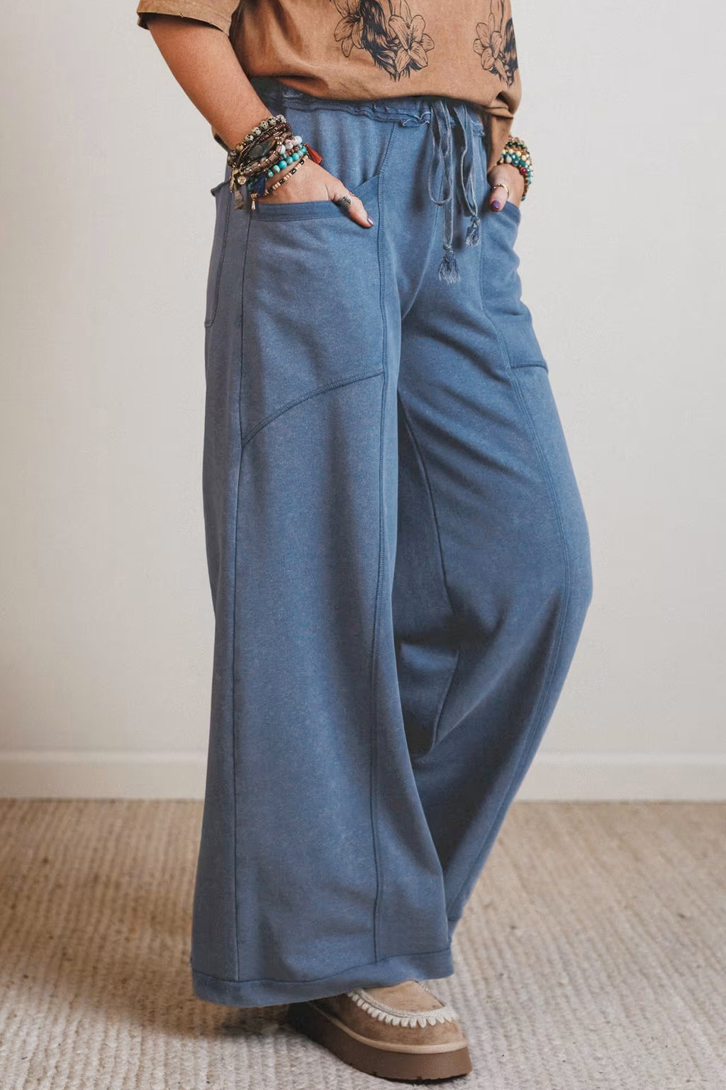 Smoke Gray Mineral Wash Drawstring Retro High Waist Wide Leg Western Pants