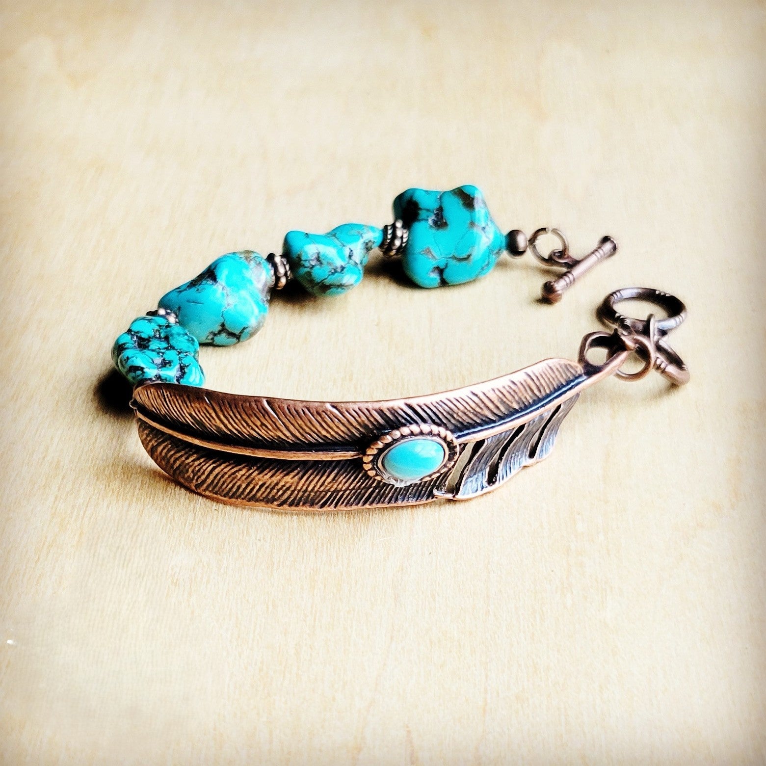 Blue Chunky Turquoise Feather Beaded Bracelet 809m