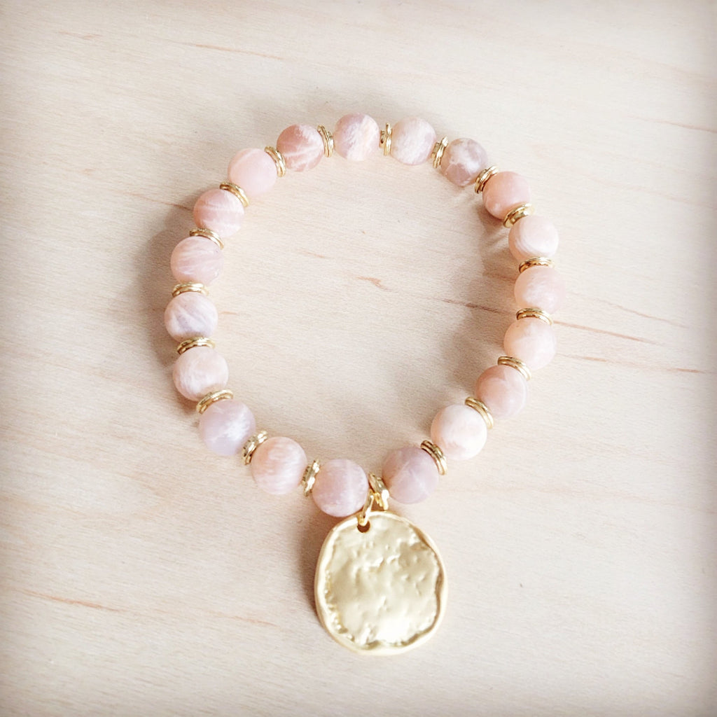 Frosted Sunstone Stretch Bracelet w/ Matte Gold Charm 811q