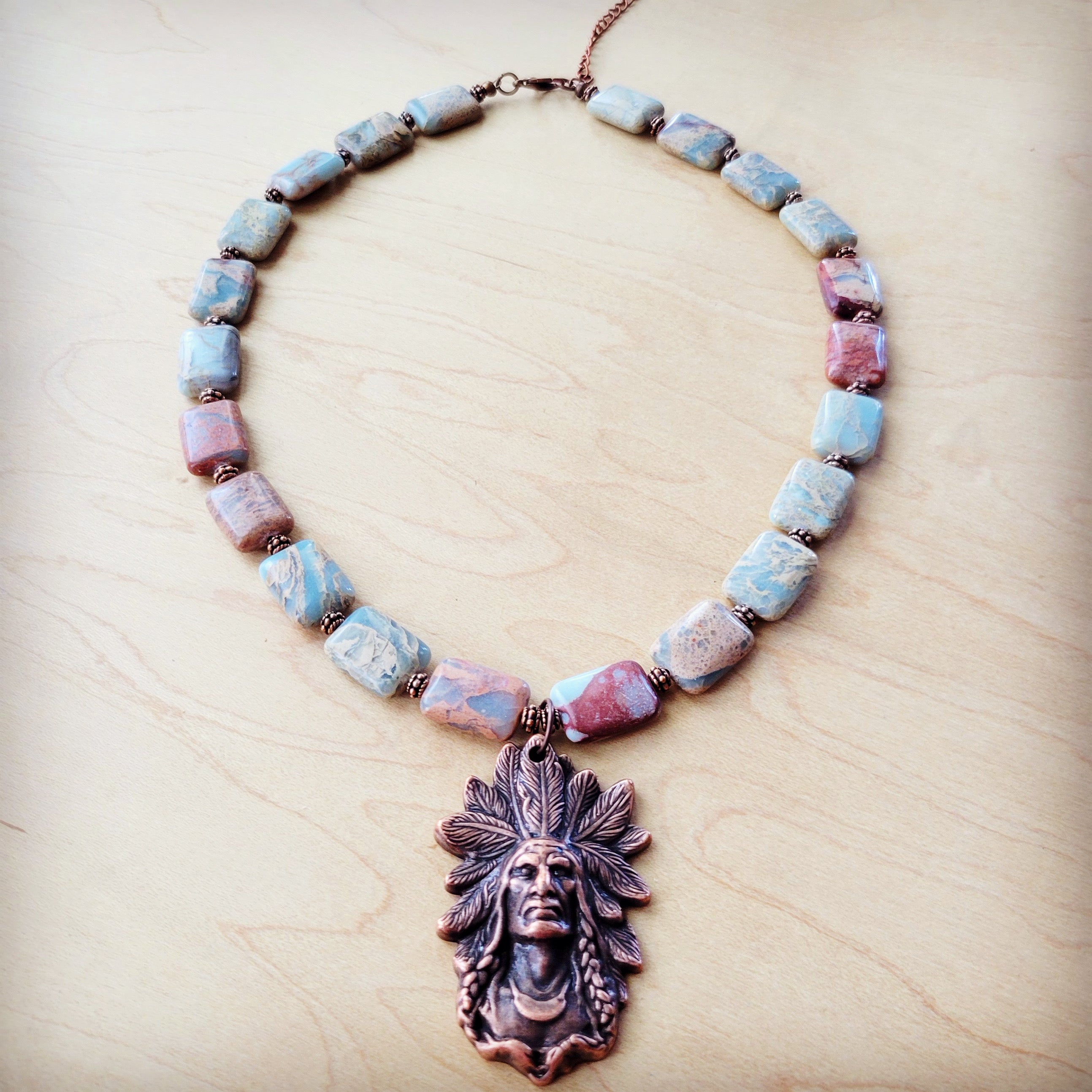 Genuine Aqua Terra Collar Necklace w/ Copper Indian Pendant 261n