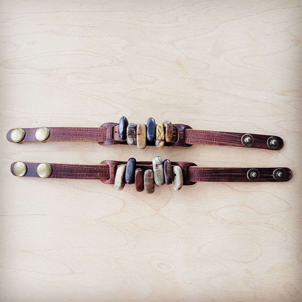 Genuine Leather Narrow Cuff with Picasso Jasper Stones 005h