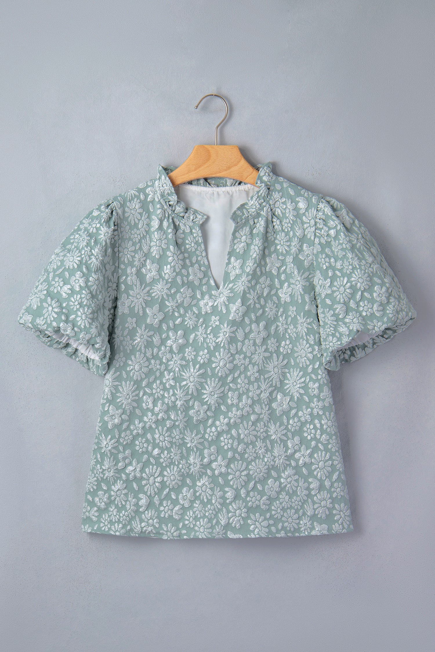 Iceland Blue Floral Textured Jacquard Puff Sleeve Blouse