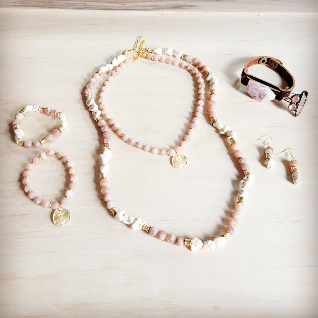 Frosted Sunstone & White Turquoise Long Layering Necklace 262o