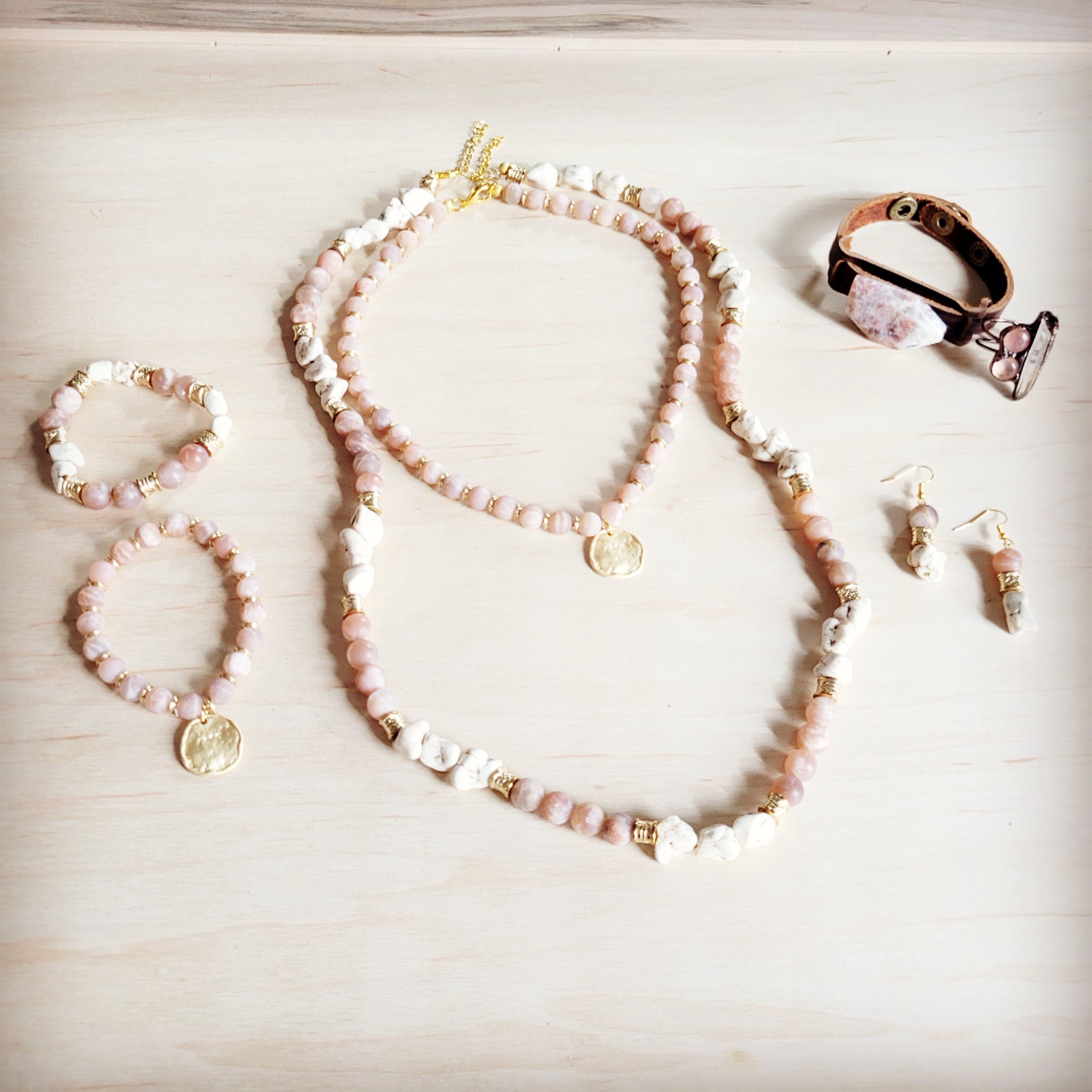 Frosted Sunstone & White Turquoise Long Layering Necklace 262o
